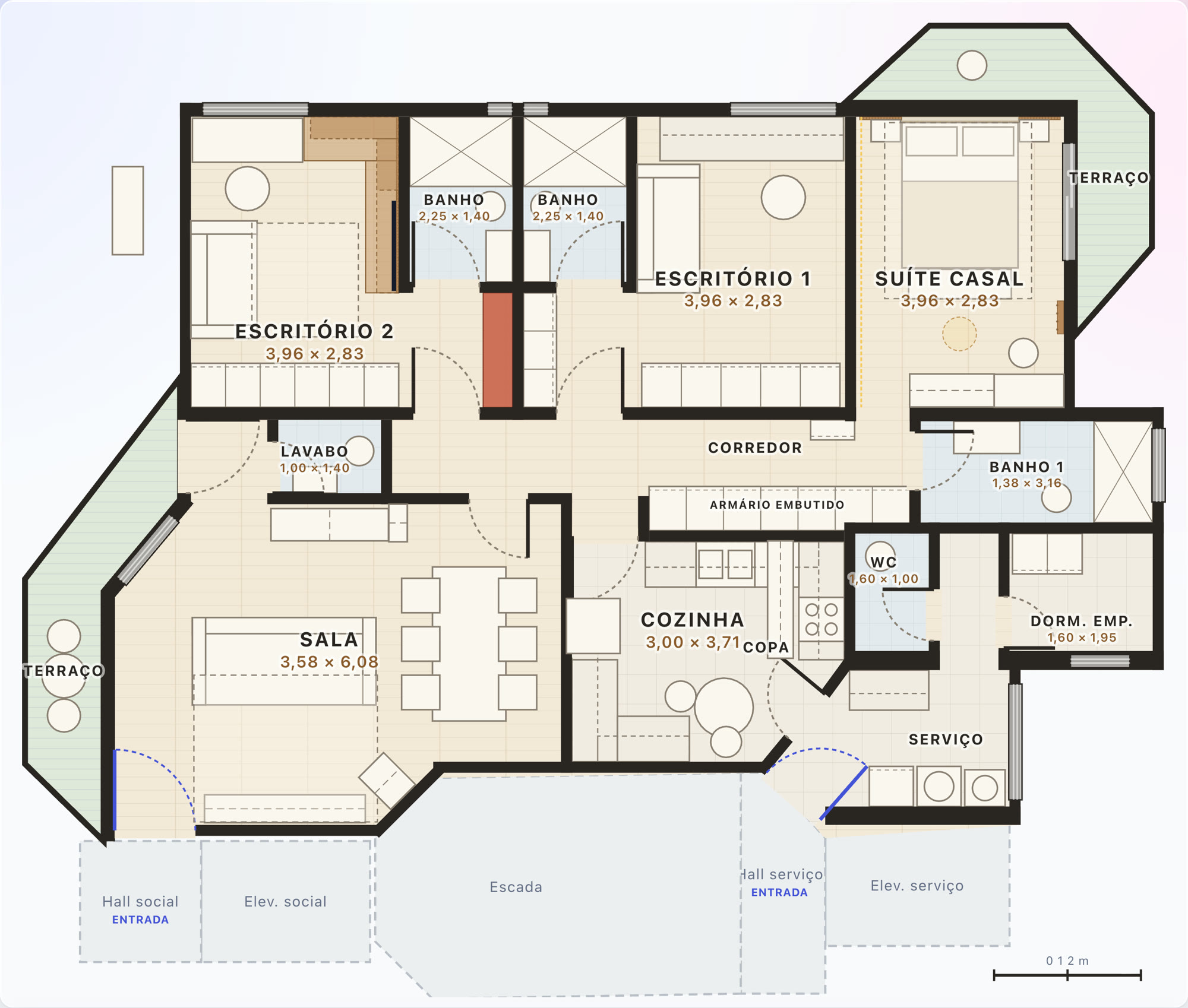 A floor plan drawn to scale with room names and dimensions: three rooms, kitchen, living room, bathrooms and service area.