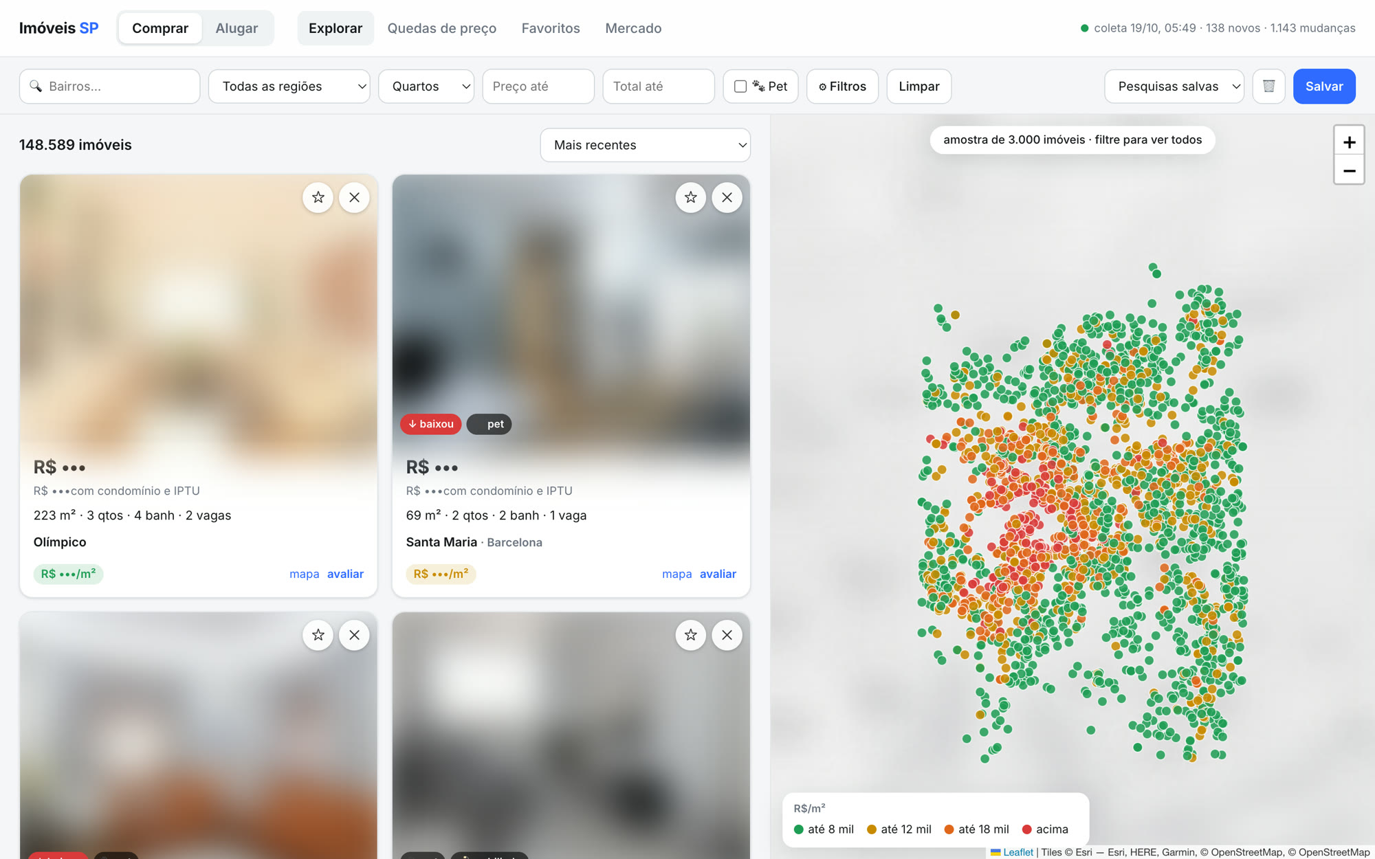 The explorer: filters for neighbourhood, region, bedrooms, price and total cost, a list of listing cards and a city map with one dot per home coloured by price per square metre.